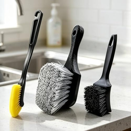 3 Pcs Car Wheel & Tire Cleaning Brush Set, Soft & Medium Bristle Brushes for Auto Detailing, Long Handle Rim and Barrel Cleaning Kit for Cars, Trucks and SUVs