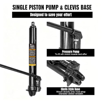 Torin 8 Ton Hydraulic Long Ram Jack with Single Piston Pump and Clevis Base (Fits: Garage/Shop Cranes, Engine Hoists, and More) w/Handle, Black, AT30806B