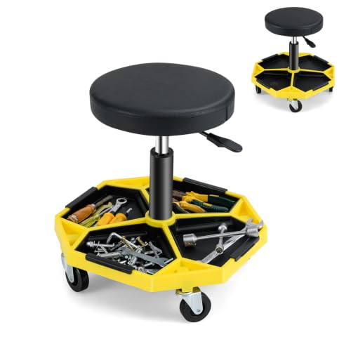TANGZON 150KG Pneumatic Rolling Mechanic Stool, 41CM-55CM Height Adjustable & 360° Swivel Roller Creeper Seat with Removable Tool Tray and Wheels, Heavy Duty Padded Garage Workshop Stool (Yello+Black) - color: Yello+black