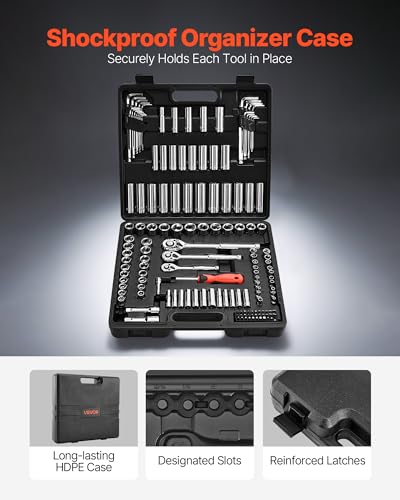 VEVOR Socket Set, 149 Pieces, 3/8 & 1/4 & 1/2 inch Drive Socket and Ratchet Set, SAE and Metric, Deep and Shallow, Mechanic Tool Kit with Bits, Accessories, Storage Case, CR-V Alloy Steel, for Repair - size: 1/4"&3/8"&1/2", style: 149 PCS