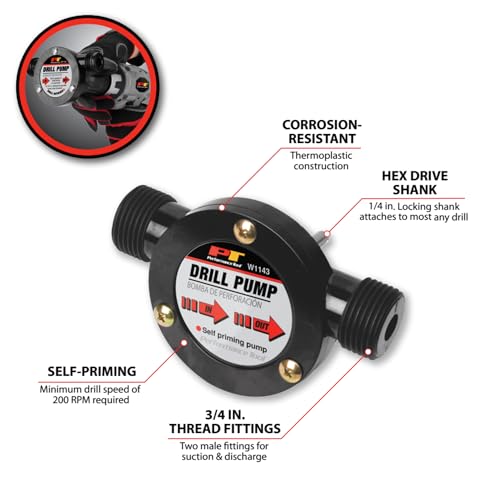 Performance Tool W1143 Liquid Transfer Pump for Corded/Cordless Drills - 225 GPH, 3/4-Inch Max Hose Diameter, Self-Priming, Corrosion-Resistant Shaft