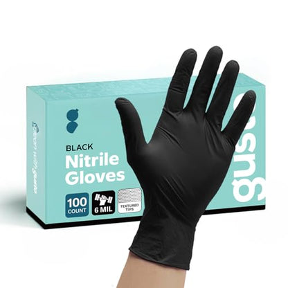 GUSTO Black Nitrile Gloves - Disposable Heavy Duty 6 Mil | Latex-Free, Powder-Free, Textured Fingertips, Food Safe, Flexible Fit, Cooking, Cleaning, Mechanics & Salon - size: Large