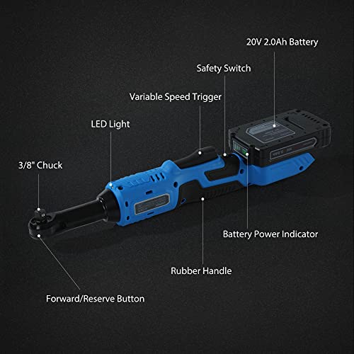 WISETOOL 20V 3/8 Inch Extended Cordless Ratchet Wrench w/ 2-Pack 2.0 Ah Batteries,60 N·m Battery Powered Ratchet Tool with 9 Sockets and Tool Bag - size: Extended Cordless Ratchet Wrench