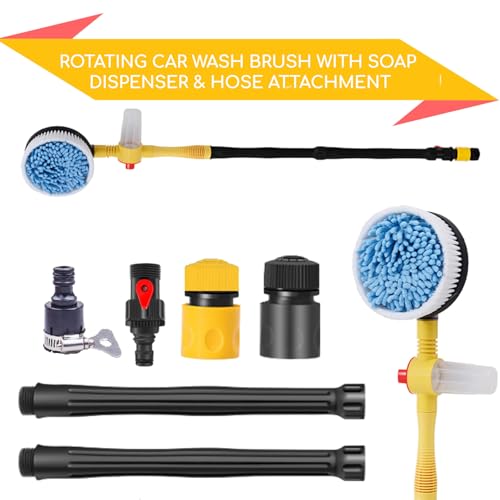 Rotating Car Wash Brush with Soap Dispenser & Hose Attachment Soft Bristle Car Spin Mop Washing Scrub Brush with Long Handle Water Flow Through High Pressure Car Cleaning Brush Kit Car Wash Hose