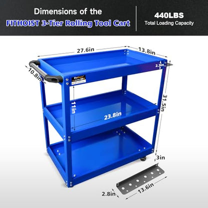 3-Tier Rolling Tool Cart, Thickened 440LBS Metal Mechanic Tool Cart on Wheels, Heavy Duty Rolling Carts with Wheels, Utility Service Carts for Mechanics Garage Warehouse Workshop Repair Shop