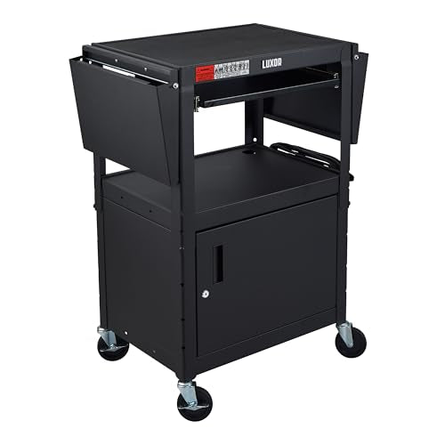 Leader Adjustable Height Rolling AV Cart, Mobile Workstation with Drop Leaf Shelves, Pullout Keyboard Tray, Locking Steel Cabinet, Power Strip for Classroom and Office Use (Black, 24-42 Inch) - color: Cabinet + Keyboard Tray + Dropleaf, size: 24" L x 18"