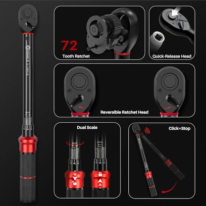 20Pcs 1/4 3/8 1/2-inch Drive Click Torque Wrench Set for Car Moto | Inch Pound Torque Wrench with Sockets (20-260 in.lb,5-45 ft.lb,10-170 ft.lb), Dual-Direction 72T, 3% Precision for Bike DIY - size: 260In.Lb,45Ft.Lb,170fFt.Lb