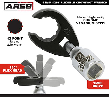 ARES 33014 – 1/2-Inch Drive Flexible Crowfoot Wrench - 22mm (7/8-inch) 12pt Crowfoot Wrench – 180 Degree Flex Head Offers 90-Degree Access for Hard-to-Reach Bolts – Services Oxygen Sensors - size: 1/2-Inch Drive Flexible Crowfoot Wrench