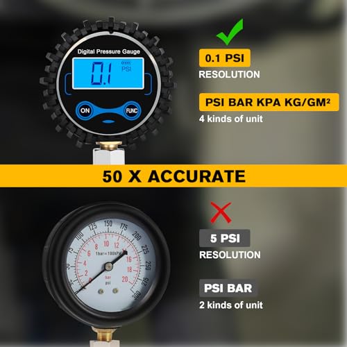 BETOOLL 8pcs Compression Tester Automotive - Digital Compression Gauge 0-300PSI for Petrol Engine Cylinder Compression Test Tool Kit with Adapters & Hose - color: Red