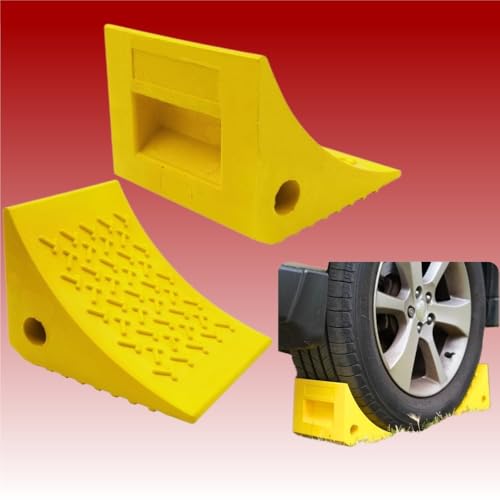 Heavy Duty Rubber Wheel Chocks (2 Pack) - Non-Slip Solid Tire Stoppers for Boat Trailer, RV, Truck, Camper - Yellow, Pre-Drilled Hole & Grab Handle(Yellow) - color: Yellow