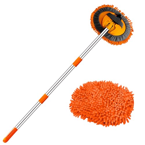 WillingHeart 47.5" Car Wash Brush Mop Cleaning Tool with Long Handle Kit for Washing Detailing Cars Truck, SUV, RV, Trailer, Boat 2 in 1 Chenille Microfiber Sponge Duster Not Hurt Paint Scratch Free - color: Orange