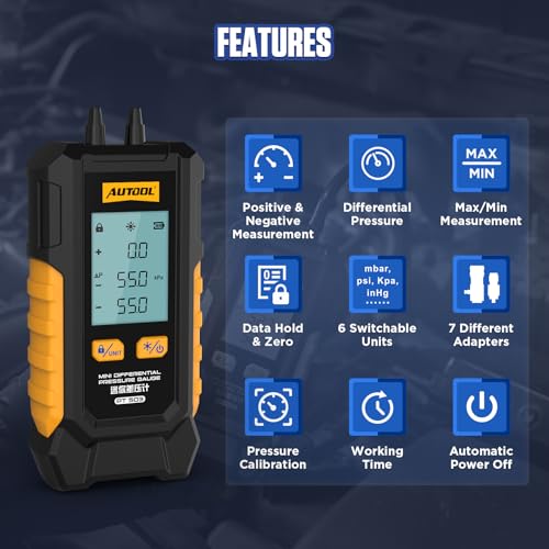 AUTOOL Manometer Gas Pressure Tester, Digital Manometer HVAC, 6 Units Differential Dual Port Pressure Gauge -101 to 200Kpa, Data Zeroing with Backlight LCD Display