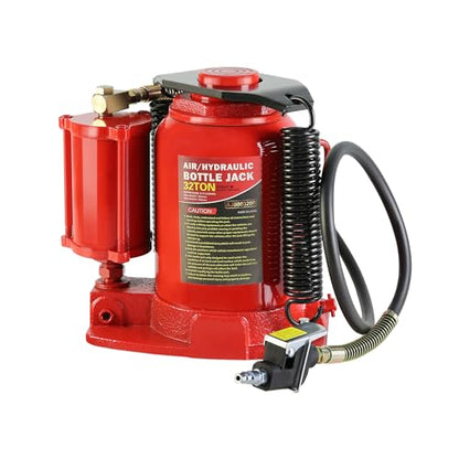 Air Hydraulic Bottle Jack, 32 Ton All Welded Bottle Jack, Air-Operated Low Profile Bottle Jack with Handle, Lifting 10.4-16.3", Bottle Jack for Sedans SUV Travel Trailer Minivan Bus RV Red - size: 32 T-Red