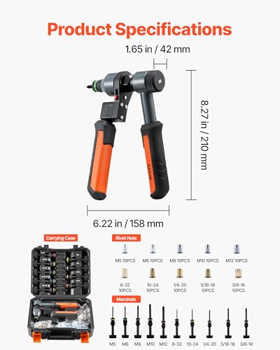 VEVOR Rivet Nut Tool Kit, 9-Inch Ratchet Rivnut Tool Kit, with 10 Mandrels and 100 Nuts, Metric and SAE Size M5, M6, M8, M10, M12, 8-32, 10-24, 1/4-20, 5/16-18, 3/8-16 UNC, with a Rugged Carrying Case - size: 9"-RATCHET, style: RIVET NUT TOOL