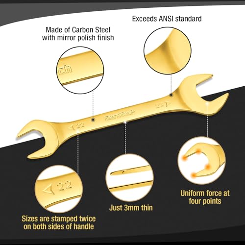 DURATECH Super-Thin Open End Wrench Set, Metric, 8-Piece, 5.5mm to 27 mm, Titanium Plating, Slim Spanner Set with Rolling Pouch - color: Gold, size: Metric