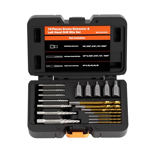 19 Pcs Bolt & Screw Extractor Set, HSS-424 Spiral Extractor, CR-MO Left Hand Drill Bit Set, S2 Spline Easy Out Kit for Removing Broken, Stripped, Frozen, Rusted, Rounded-Off Bolts, Nuts & Screws - size: 19PCS