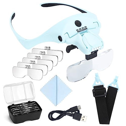 YOCTOSUN Magnifying Glasses with Light for Close Work, Head Magnifier with 4 LED Lights and 5 Detachable Lenses 1X to 3.5X,Rechargeable Hands Free Headband Magnifier Glasses for Crafts, Hobby - color: Light Blue