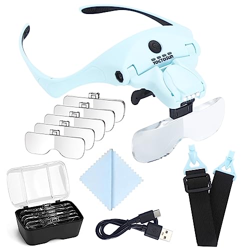 YOCTOSUN Magnifying Glasses with Light for Close Work, Head Magnifier with 4 LED Lights and 5 Detachable Lenses 1X to 3.5X,Rechargeable Hands Free Headband Magnifier Glasses for Crafts, Hobby - color: Light Blue