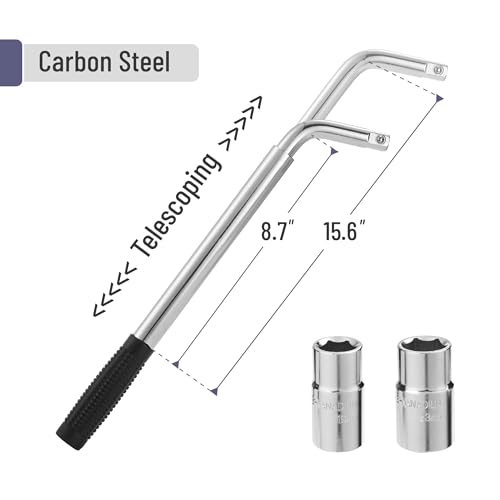 Bates Telescoping Lug Wrench - 1/2 Drive With 17/19mm and 21/23mm Sockets - Tire Iron and Nut Removal Tool