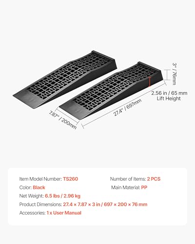 VEVOR Car Ramps, 2 PCS 20000 lbs GVW Capacity, 2.56 in Lift Height, Portable Low Profile Car Service Ramps for Home Garage Maintenance & Oil Changes, Heavy Duty for Low Chassis Vehicle & Support Jack - size: 2.6*27.5inch