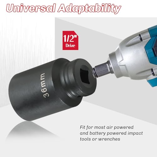 1/2-Inch Drive Impact Socket Set 4PCS 30mm 32mm 34mm 36mm | Heavy-Duty Deep Spindle Axle Nut Socket Set, CR-MO, Metric 12 Point, Professional Axle Nut Removal and Installation Kit