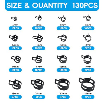 130Pcs 6-25mm Spring Band Hose Clamps With Hose Clamp Plier Assortment Kit，Constant Tension Radiator Hose Clamps，for Fuel Lines, Silicone, Vacuum Hoses，Water Pipe