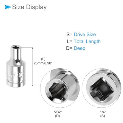 6-Point Socket, 1/4" Drive 5/32" Deep, Polished Chromed CR-V SAE Standard Shallow Impact Socket - (Applications: for Ratchet Torque Electric Wrenches Car Repair), 2-Pieces - size: 5/32"