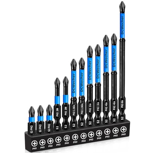 12-Pack 2 Phillips Bits #2 Impact Magnetic, Professional Long Phillips Head Drill & Screwdriver Bit (1-6-Inch), S2 Alloy Steel, CNC Anti-Slip, 1/4" Hex Shank, Ph2 for Impact Driver, by DCWecher - size: 1inch- 6 inch 12-pcs PH2