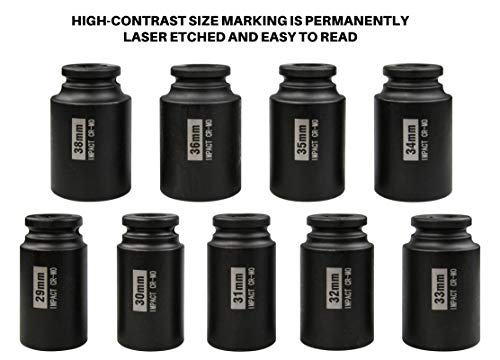 1/2" Drive Deep 6-Point Impact Socket Set/Spindle Axle Nut Impact Socket Set, Metric, Cr-Mo,29mm-38mm, 9-Piece Axle Socket Set - size: 9PC