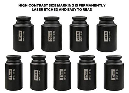1/2" Drive Deep 6-Point Impact Socket Set/Spindle Axle Nut Impact Socket Set, Metric, Cr-Mo,29mm-38mm, 9-Piece Axle Socket Set - size: 9PC