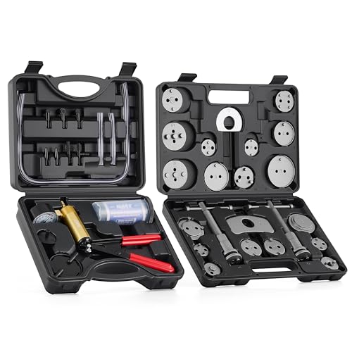 Orion Motor Tech 2 in 1 Brake Caliper Compression Tool & Brake Bleeder Kit, Handheld Vacuum Pump Brake Bleeder Tool Set, Disc Brake Pad Service Tool with Thrust Bolt Retaining Plates & 18 Adapters