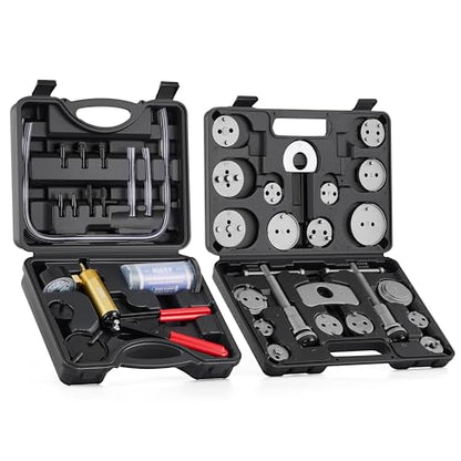 Orion Motor Tech 2 in 1 Brake Caliper Compression Tool & Brake Bleeder Kit, Handheld Vacuum Pump Brake Bleeder Tool Set, Disc Brake Pad Service Tool with Thrust Bolt Retaining Plates & 18 Adapters