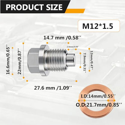 M12x1.5 Magnetic Stainless Steel Oil Drain Plug Kit Fits Cars Motorcycles | CHENACC 1PCS Oil Pan Drain Nut Bolt with 5 PCS Copper Gasket, Compatible with Most Boats Cars and Motorcycles - size: M12*1.5