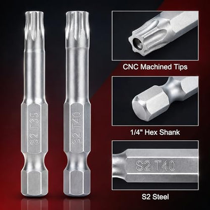 Bates- Security Torx Bit Set, 11 pcs, 2" Long, 1/4" Drive Hex Shank, T7-T40 | S2 Steel, Tamperproof Magnetic Star Bits Set, Automotive, Electronics, Furniture, Computer, DIY Repair