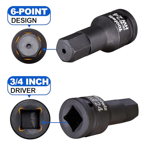 Toolwiz 3/4 Inch Drive Impact Hex Bit Set, 5-Piece Metric 14mm-24mm, Cr-Mo | One-Piece Construction, Impact Grade, Professional Automotive Impact Bit Socket Set, Heavy Duty PVC Storage Case - size: 3/4" Drive (0.55"-0.94")