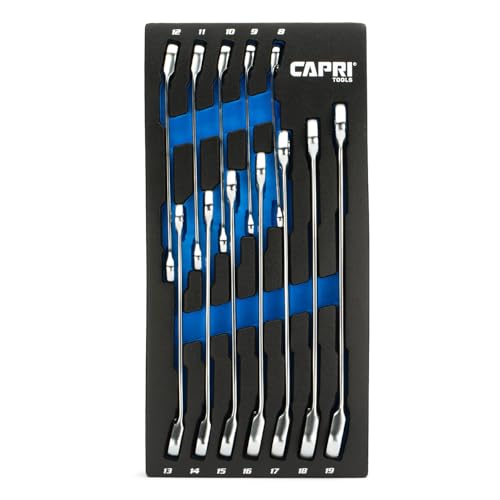 Capri Tools 120-Tooth Ultra-Smooth Reversible Ratcheting Wrenches Set, XL Long Series, 12-Point, 8 to 19 mm, Metric, 12-Piece with Merchanic's Tray - size: 12-Piece Metric Set