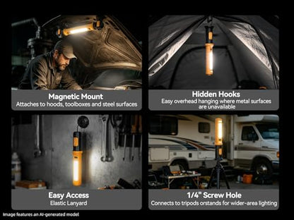 CLAKAP 2-in-1 Detachable LED Work Light Bar, 3000LM Underhood Light | rechargeable, cordless COB, magnetic base, hook, USB charger, red strobe, mechanic, car repair, garage
