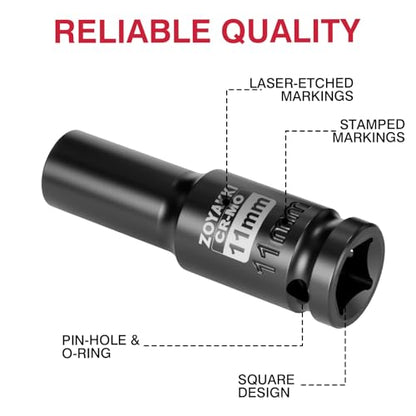 11mm Socket 1/2" Drive Deep 6 Pt CR-MO Metric Impact Socket for Axle Shaft Nut Removal - size: 11mm, style: 1/2" Drive Deep
