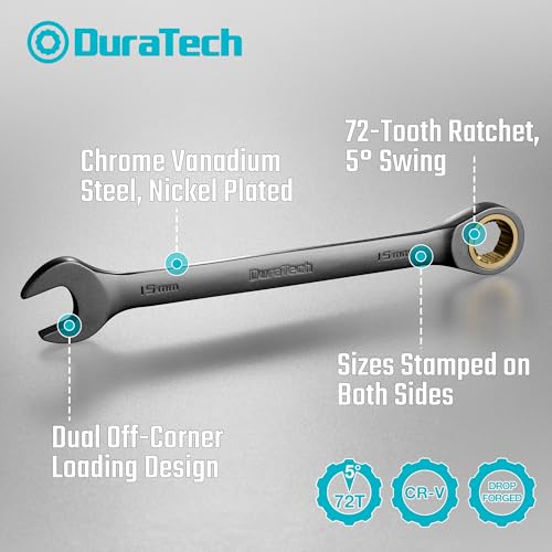 DURATECH Anti-Slip Ratcheting Wrench Set, Combination Wrench Set, 10-Piece, Metric 6-18mm, 72-Tooth, Nickel Plating, CR-V Steel, with Pouch - size: 6.0-18.0mm, style: Anti-slip