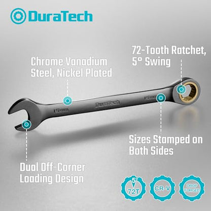 DURATECH Anti-Slip Ratcheting Wrench Set, Combination Wrench Set, 10-Piece, Metric 6-18mm, 72-Tooth, Nickel Plating, CR-V Steel, with Pouch - size: 6.0-18.0mm, style: Anti-slip