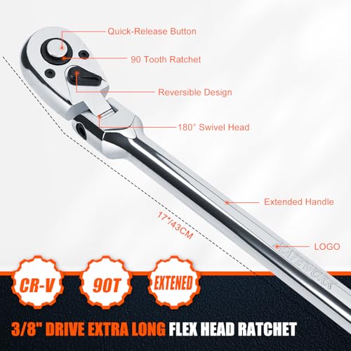 Matework 3/8" Drive Flex Head Ratchet Wrench, 17-Inch 90-Tooth Long Handle Ratchet with Quick Release and Reversible Switch, CR-V Steel, 180° Swivel Head Ratchet for Automotive, Home and DIY Repair - size: 3/8" Dr 90T Flex Head Ratchet