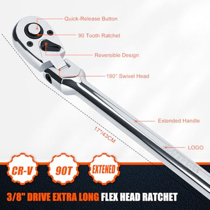 Matework 3/8" Drive Flex Head Ratchet Wrench, 17-Inch 90-Tooth Long Handle Ratchet with Quick Release and Reversible Switch, CR-V Steel, 180° Swivel Head Ratchet for Automotive, Home and DIY Repair - size: 3/8" Dr 90T Flex Head Ratchet