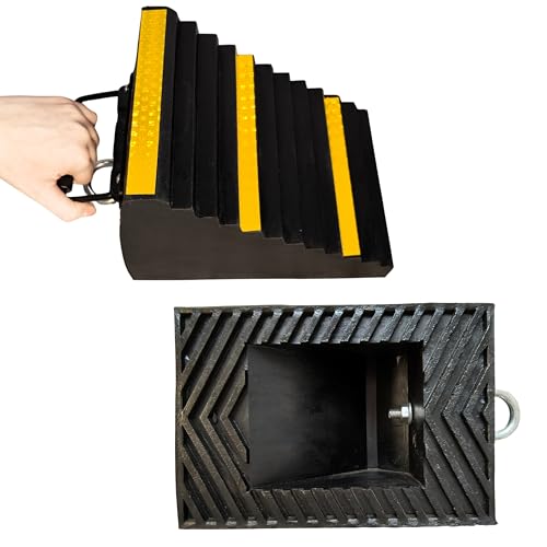 Heavy Duty 13 lb Rubber Wheel Chock with Spring Handle & Iron Ring, 3 Yellow Reflective Strips, Triangular Non-Slip for Trucks, RVs, Aircraft (Yellow 1 Pc) | Constructed from superior EPDM rubber, outperforming standard or recycled rubber. - color: Yellow