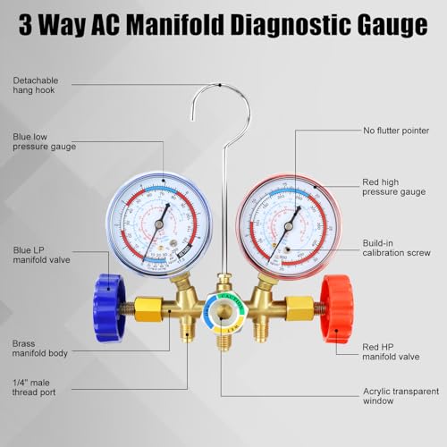 AC Manifold Gauge Set, 3 Way Car HVAC R134a R404a Refrigerant Charging Tool Kit, with Hoses Quick Coupler Adapter Can Tap Case, for Auto Air Conditioner Freon Diagnostic Test and Recharge
