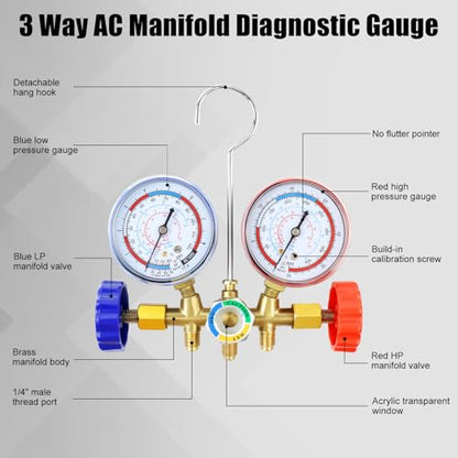 AC Manifold Gauge Set, 3 Way Car HVAC R134a R404a Refrigerant Charging Tool Kit, with Hoses Quick Coupler Adapter Can Tap Case, for Auto Air Conditioner Freon Diagnostic Test and Recharge