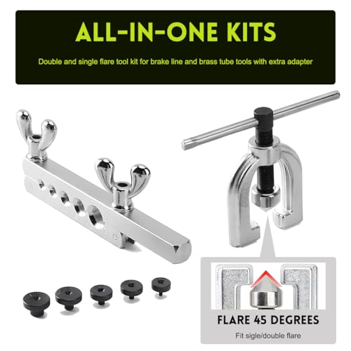 Double & Single Flaring Tool Kit, 45 Degrees Flaring Tool with Tube Cutter and Extra Adapters, Professional Brake Line Brass Tubing Tools Kit for Fuel HVAC Systems Repair