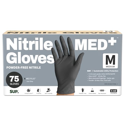 SUP MED+ Black Nitrile Exam Gloves, 5 Mil Disposable Gloves Latex & Powder-Free Medical Food Safe Cooking Glove, 75 or 750 Ct - color: 100 Medium (Black)