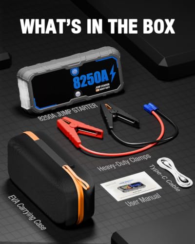 Portable 8250A Car Battery Jump Starter with PD-65W (for All Gas or 10.0+L Diesel), 12V Potable Car Jump Start with 4.01 inch HD Screen, 2 USB Power Bank 24-Months Stand-by Time - size: 8250A+65W