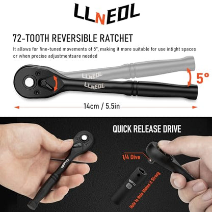 LLNEDL 1/4 inch Impact Socket Set, 63 Piece Drive Socket Wrench Set Metric (4-15mm) Deep and Shallow 6 Point, Automotive Tool Kit with 72T Ratchet for Bicycle & Car Repairing - size: 63pcs 1/4 inch socket set