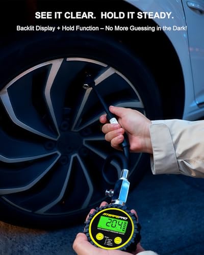 ATsafepro Digital Tire Pressure Gauge - Backlit Display, 200 PSI Accurate Tire Gauge - Hold Function, Long Hose, Dual Head Air Chuck, 4 Units, Bleed Valve, AAA Battery, for Car Truck RV
